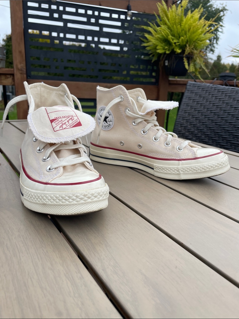 Converse All-Star Cream High Top Sneakers with Red Stripe